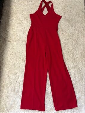 Women's Red Halter Wide-Leg Jumpsuit